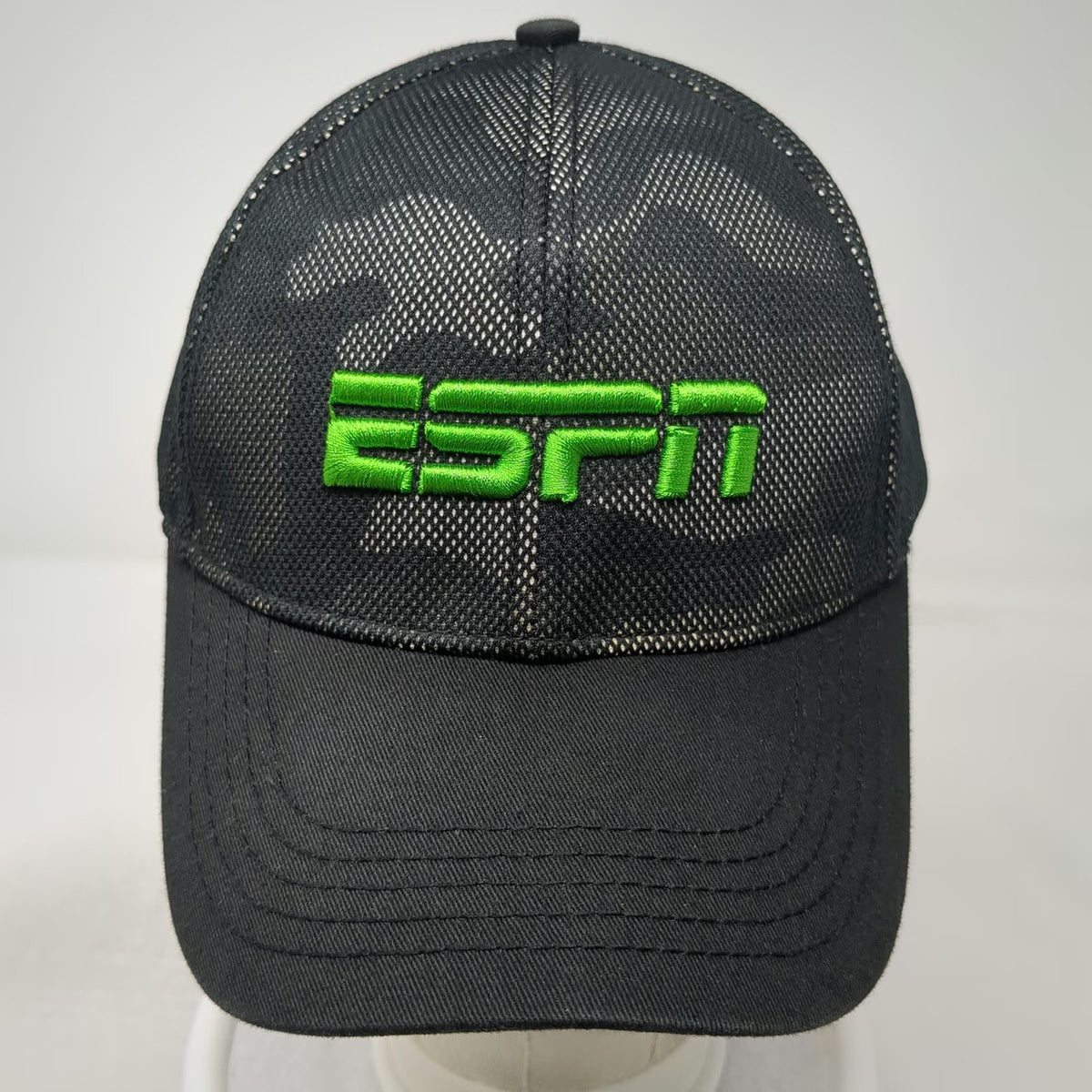 ESPN Camo Mesh Trucker Hat Black Green Gray One Size Snapback 79 Logo Sports TV