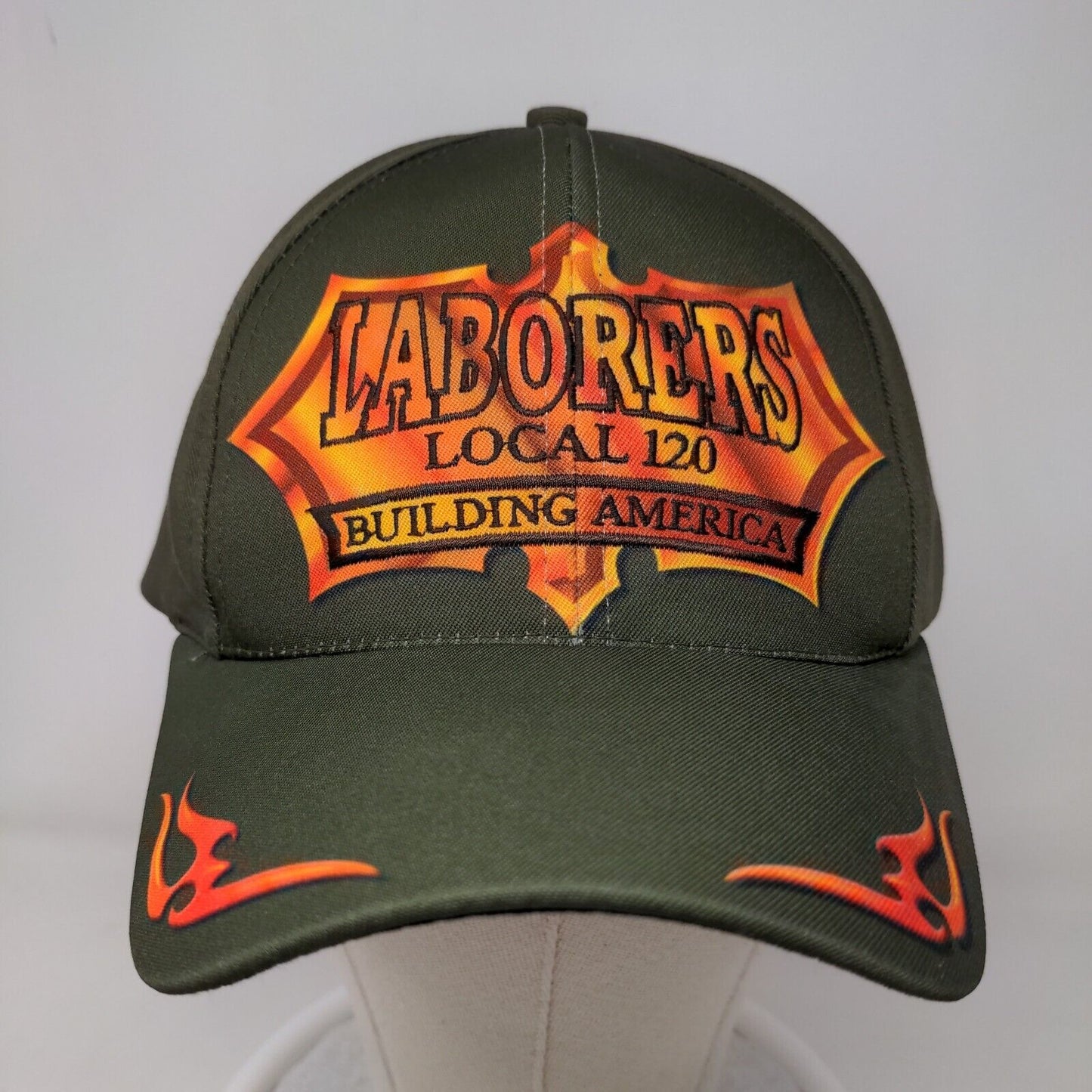 Graffiti Men's Strapback Hat Green Laborer's Union Local #120 Flames Embroidered