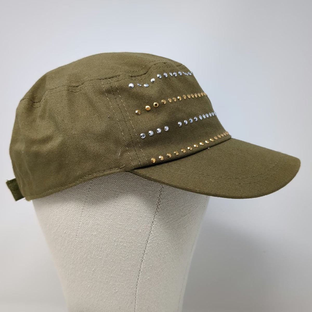 Pugs Army Cap Green One Size Studded Rhinestones Strapback Adjustable Cotton Hat