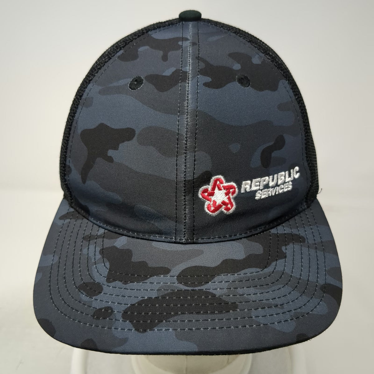 Quake City Caps Republic Services Trucker Hat Blue Camo One Size Mesh Snapback