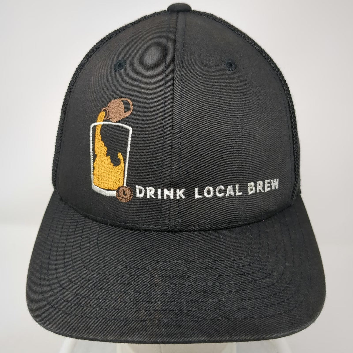 Flexfit Baseball Cap Black One Size Drink Local Brew Beer Graphic Mesh Back Hat