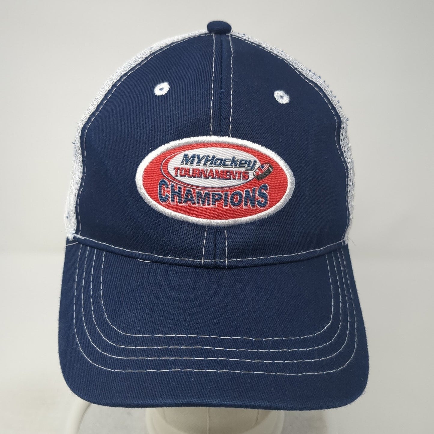 My Hockey Tournaments Champions Trucker Hat Blue One Size Adjustable Mesh Back