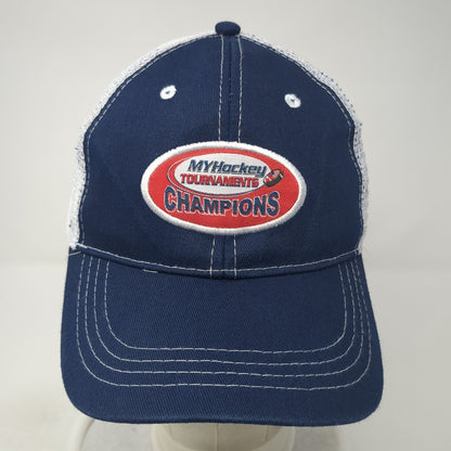 My Hockey Tournaments Champions Trucker Hat Blue One Size Adjustable Mesh Back