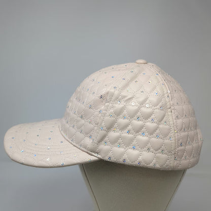 Claire's Snapback Hat Beige One Size Quilted Heart Iridescent Rhinestones Cap