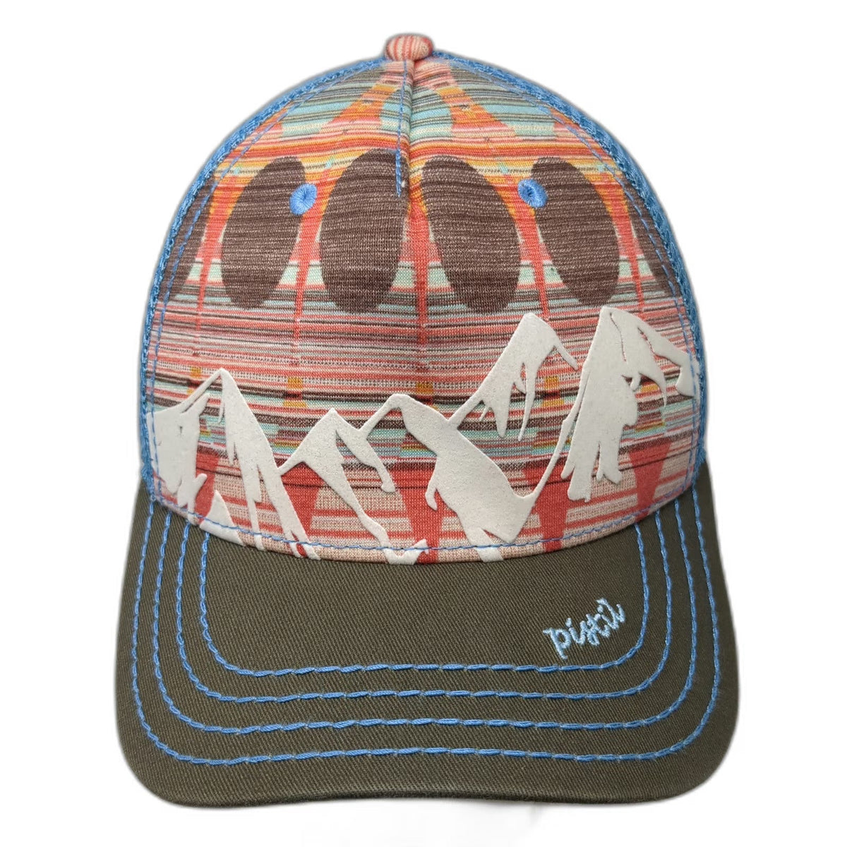 Pistil Trucker Hat Blue One Size Graphic Mountain Mesh Back Snapback Stripes