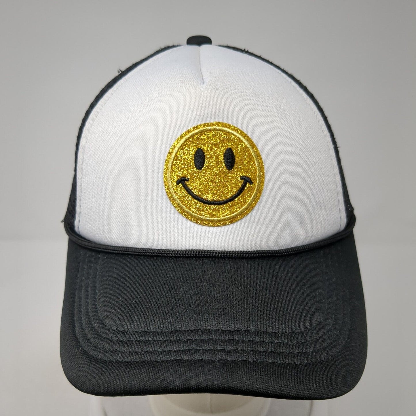 Glitter Smiley Face Snapback Trucker Hat Black OS Adjustable Mesh Back Rope