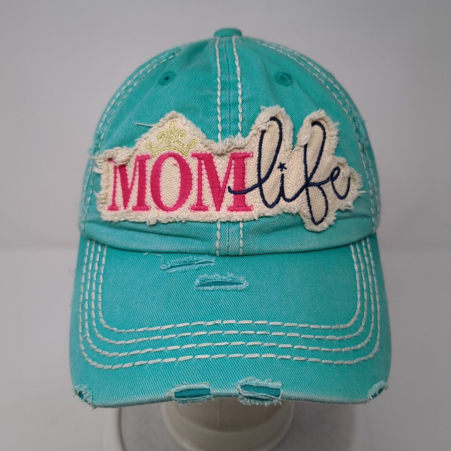 Mom Life Strapback Hat Bluish-Green OS Adjustable Distressed KB Ethos Vintage