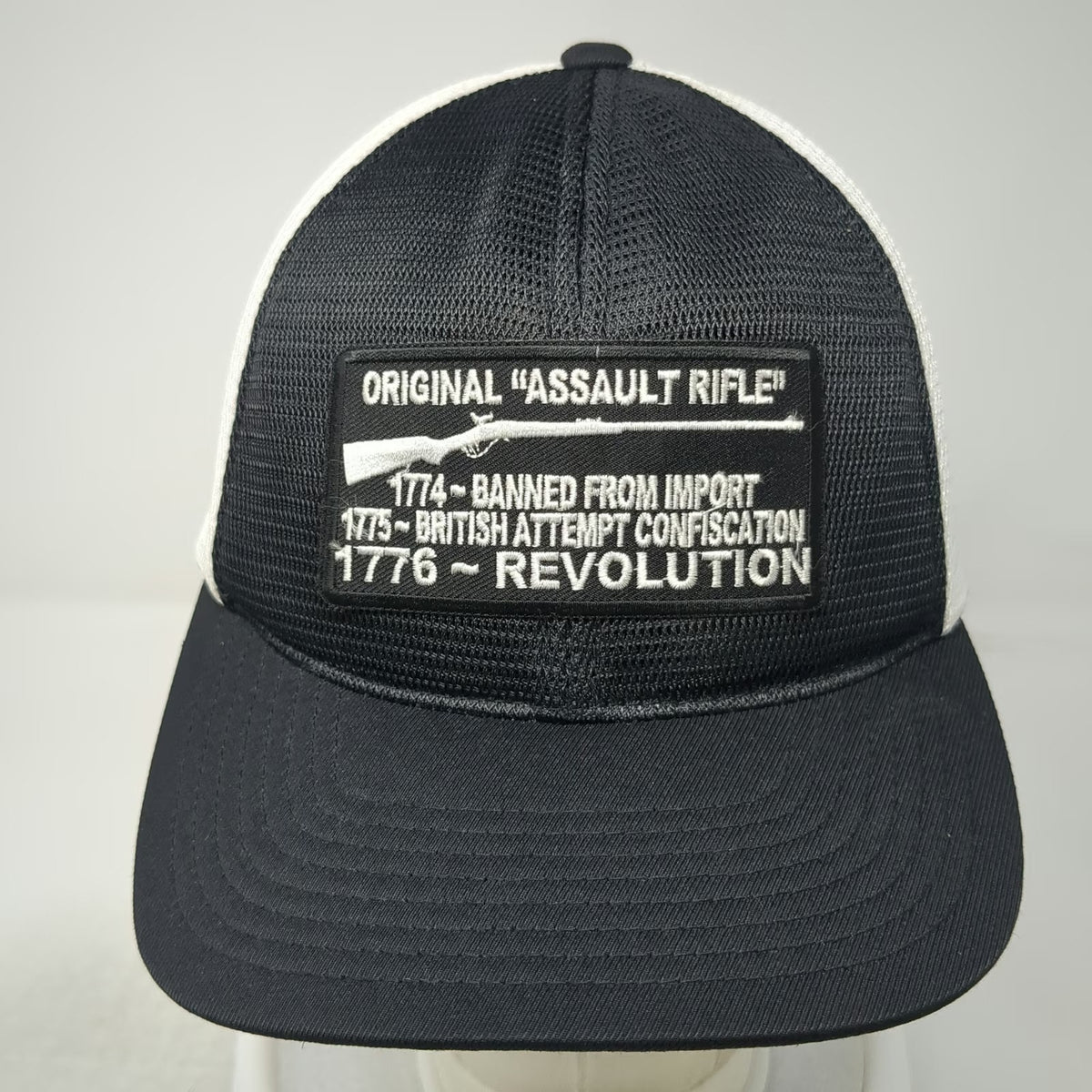 Flexfit Yupoong Baseball Cap Black White XL Mesh Back Stretch Rifle Patch Hat