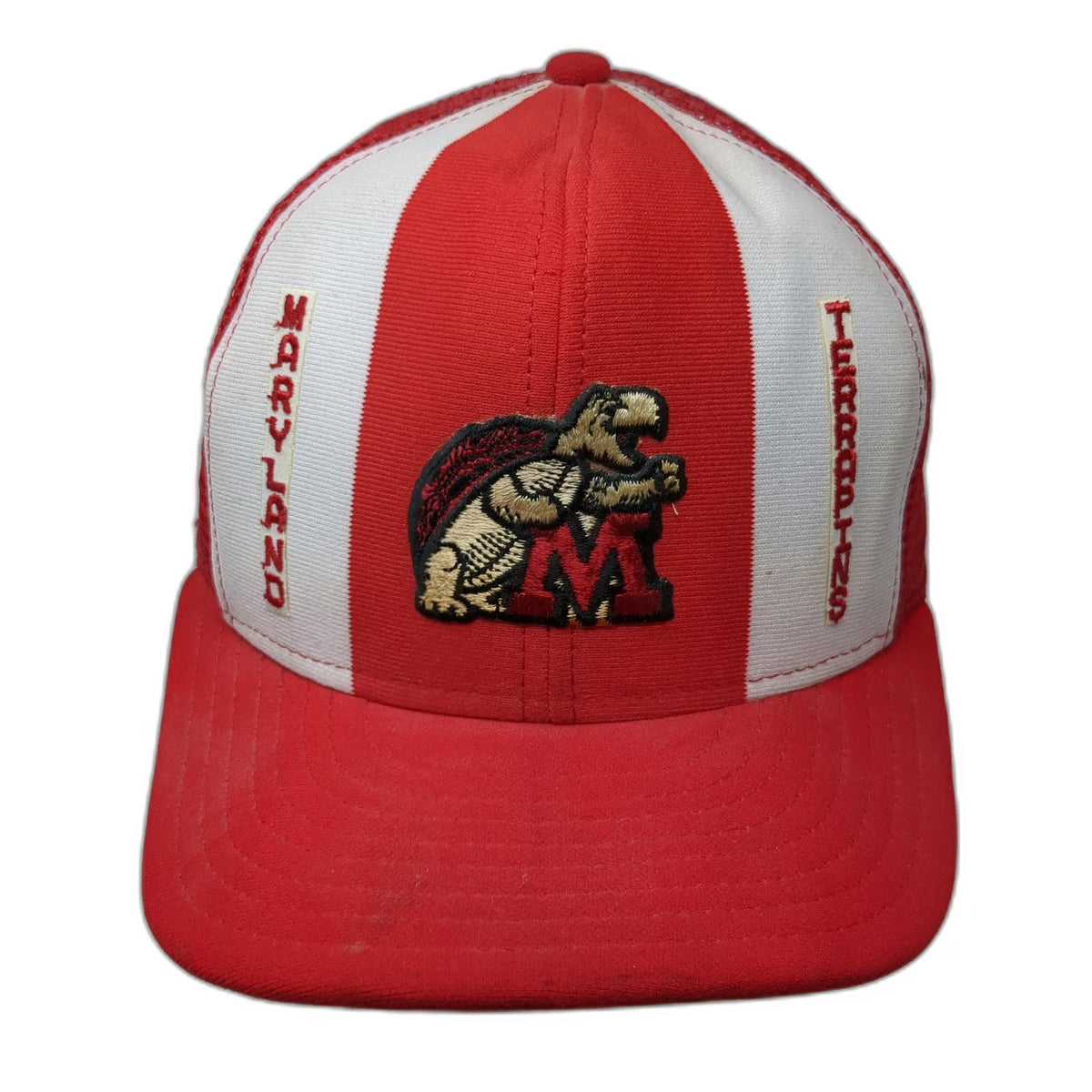 AJ Maryland Terrapins NCAA Red Trucker Hat L Mesh Snapback Striped Vintage