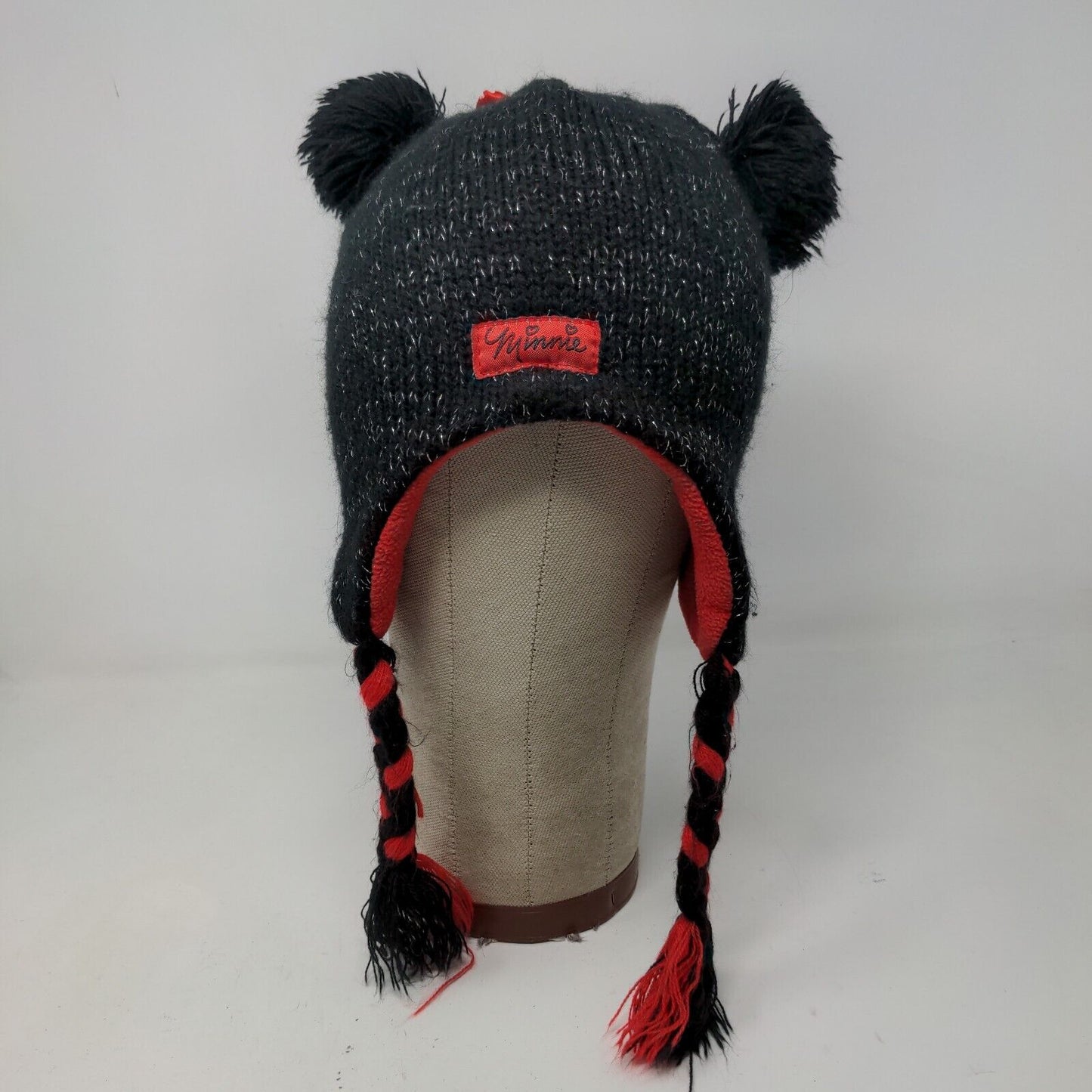 Disney Girls Knit Beanie Cap Black Red Size 4-16 Ear Flaps Fleece Lined