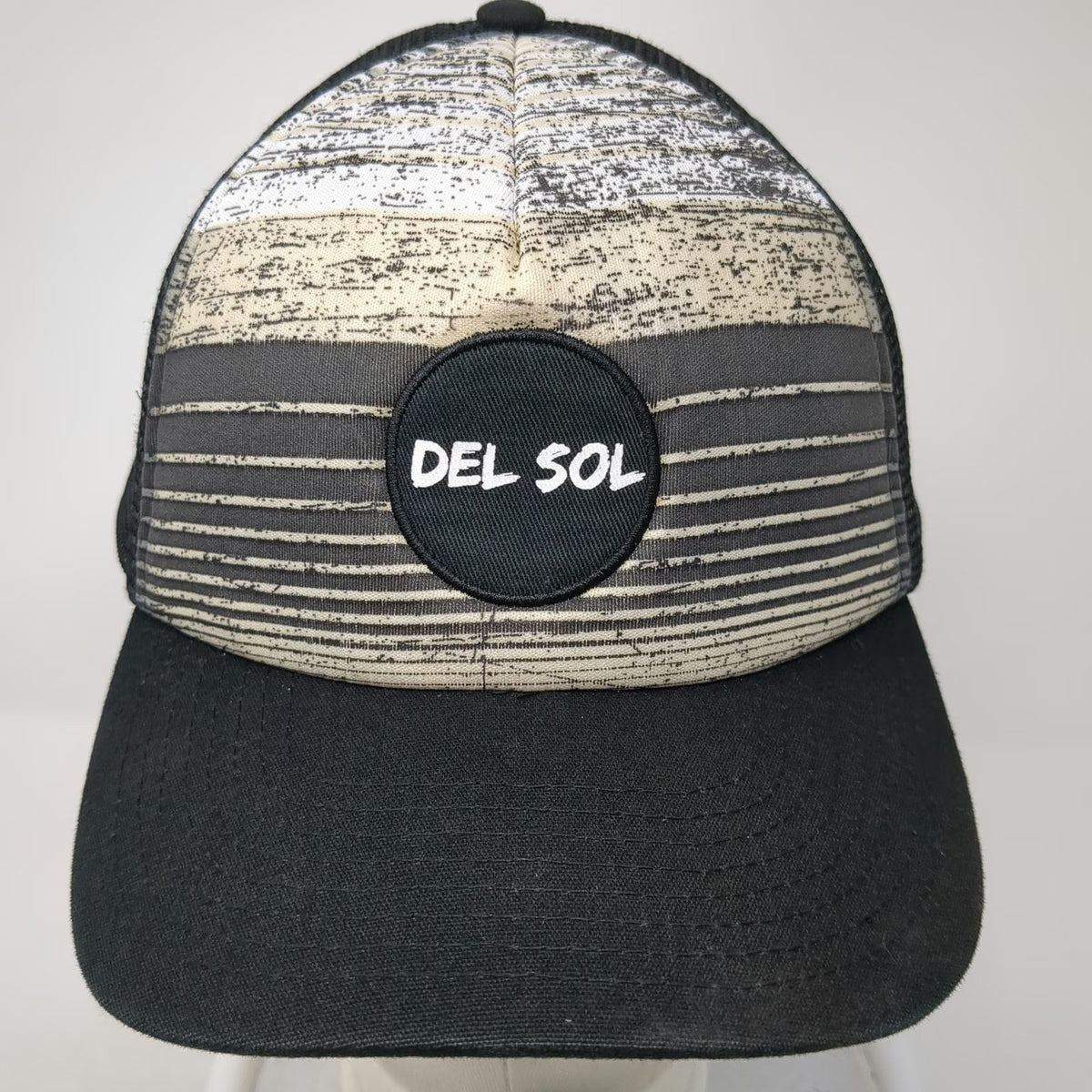 Del Sol Trucker Hat Black One Size Snapback Mesh Back Graphic Under Brim Striped
