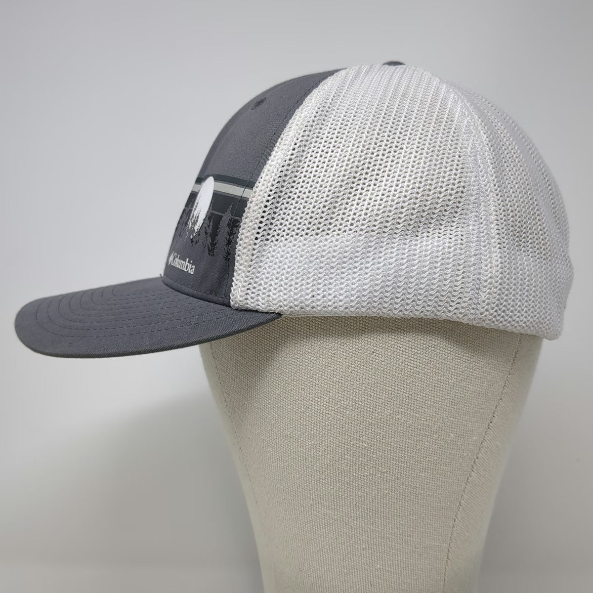 Columbia Baseball Cap Gray XL Hat Mesh Back Treeline Forest Graphic Stretch Fit