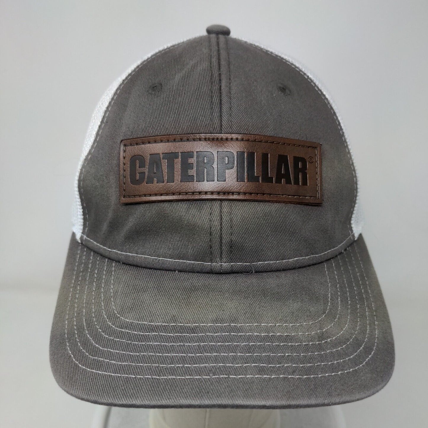 Caterpillar Snapback Mesh Back Trucker Hat One Size Gray Leather Patch