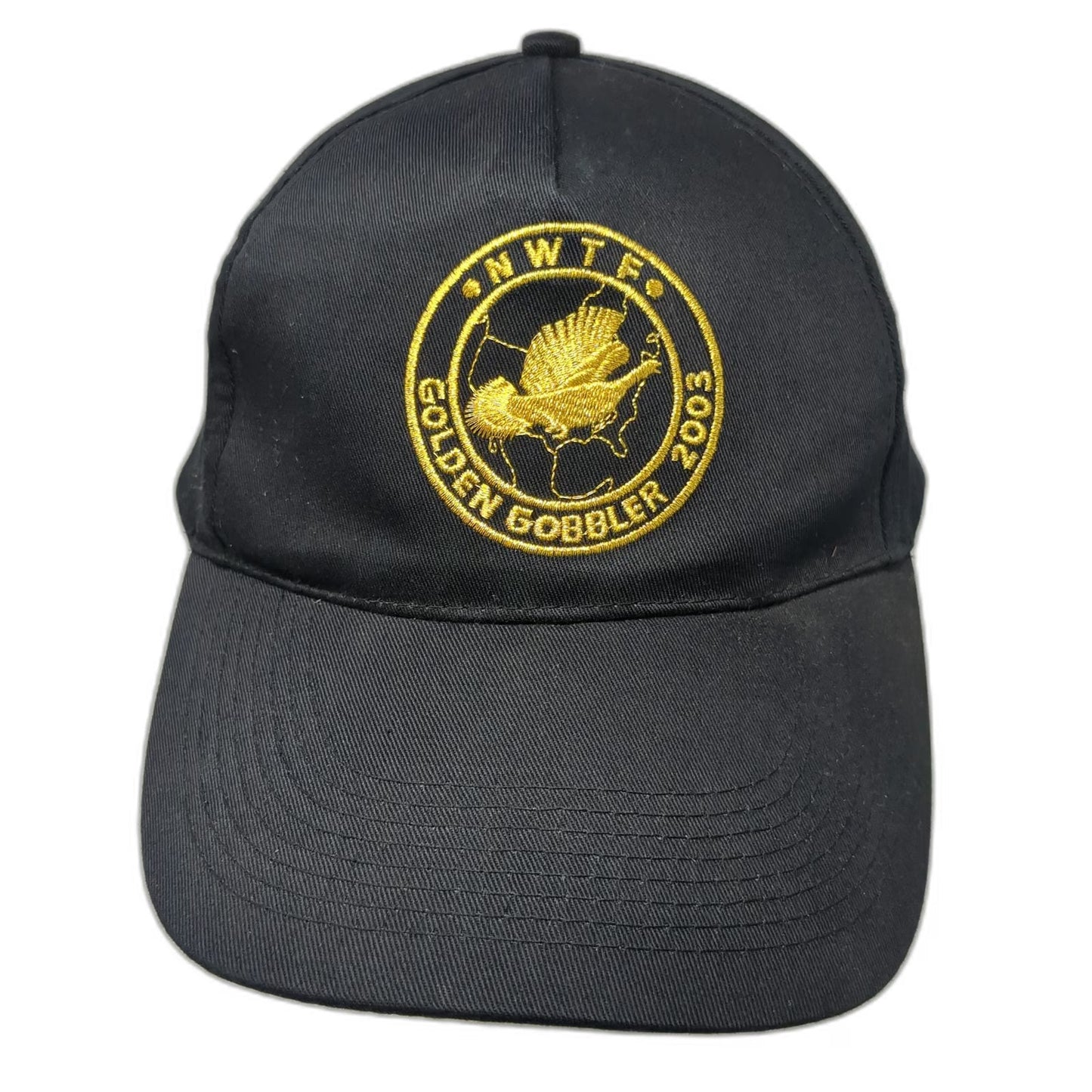 NWTF 5 Panel Black Hat One Size Golden Gobbler 2003 Embroidered Turkey Slideback