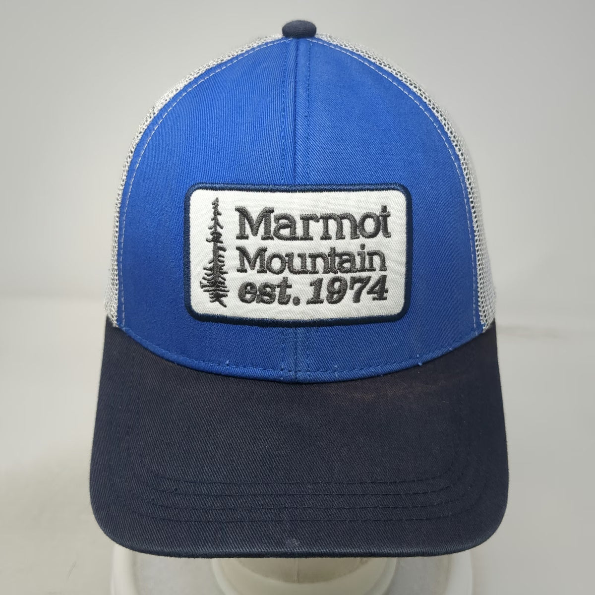 Marmot Trucker Hat Blue One Size Mesh Back Mountain Patch Snapback Curved Brim