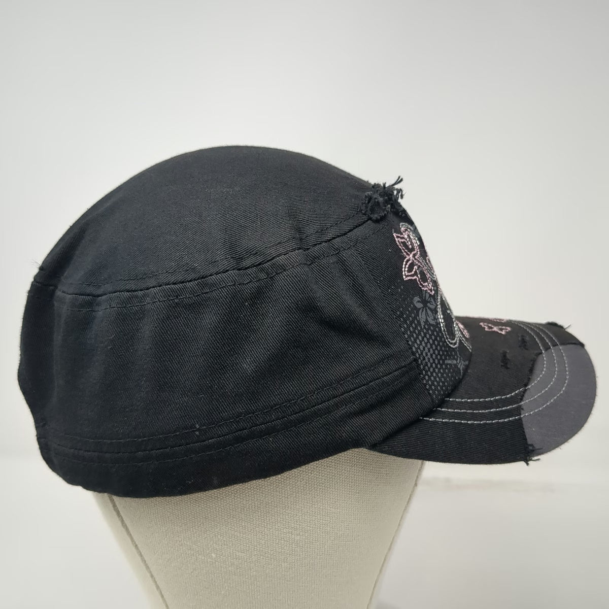 KBETHOS Black Army Cap OSFM Floral Butterfly Rhinestone Distressed Hat Slideback