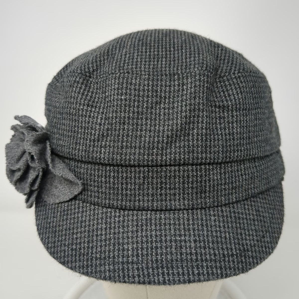 deLux Army Cap Gray One Size Flower Accent Micro Houndstooth Tweed Hat