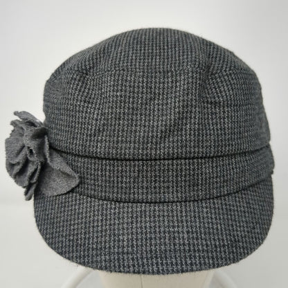 deLux Army Cap Gray One Size Flower Accent Micro Houndstooth Tweed Hat