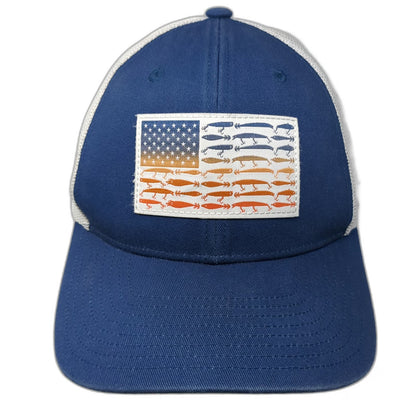 Columbia Trucker Hat Blue One Size Fishing Lure American Flag Mesh Snapback PFG