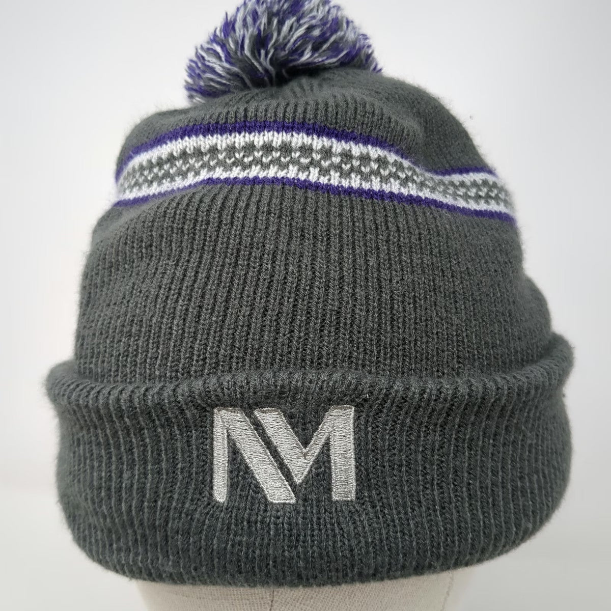Indie Caps Beanie Gray One Size Pom Pom Fleece Lined M Logo Striped Knit Hat