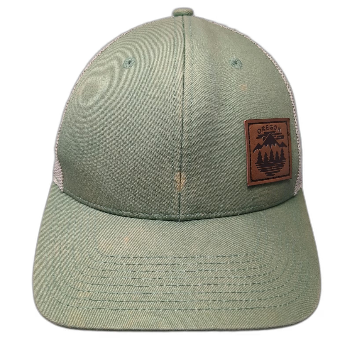 Little Bay Root Trucker Hat Green One Size Oregon Mountain Leather Patch Mesh