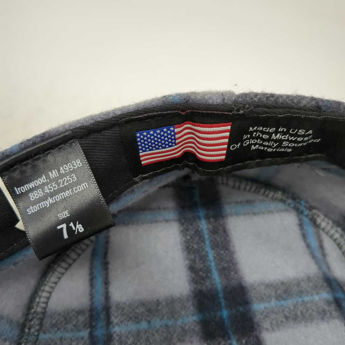 Stormy Kromer Gray Plaid Army Cap 7 1/8 Wool Made in USA Hat Blue Black Fitted