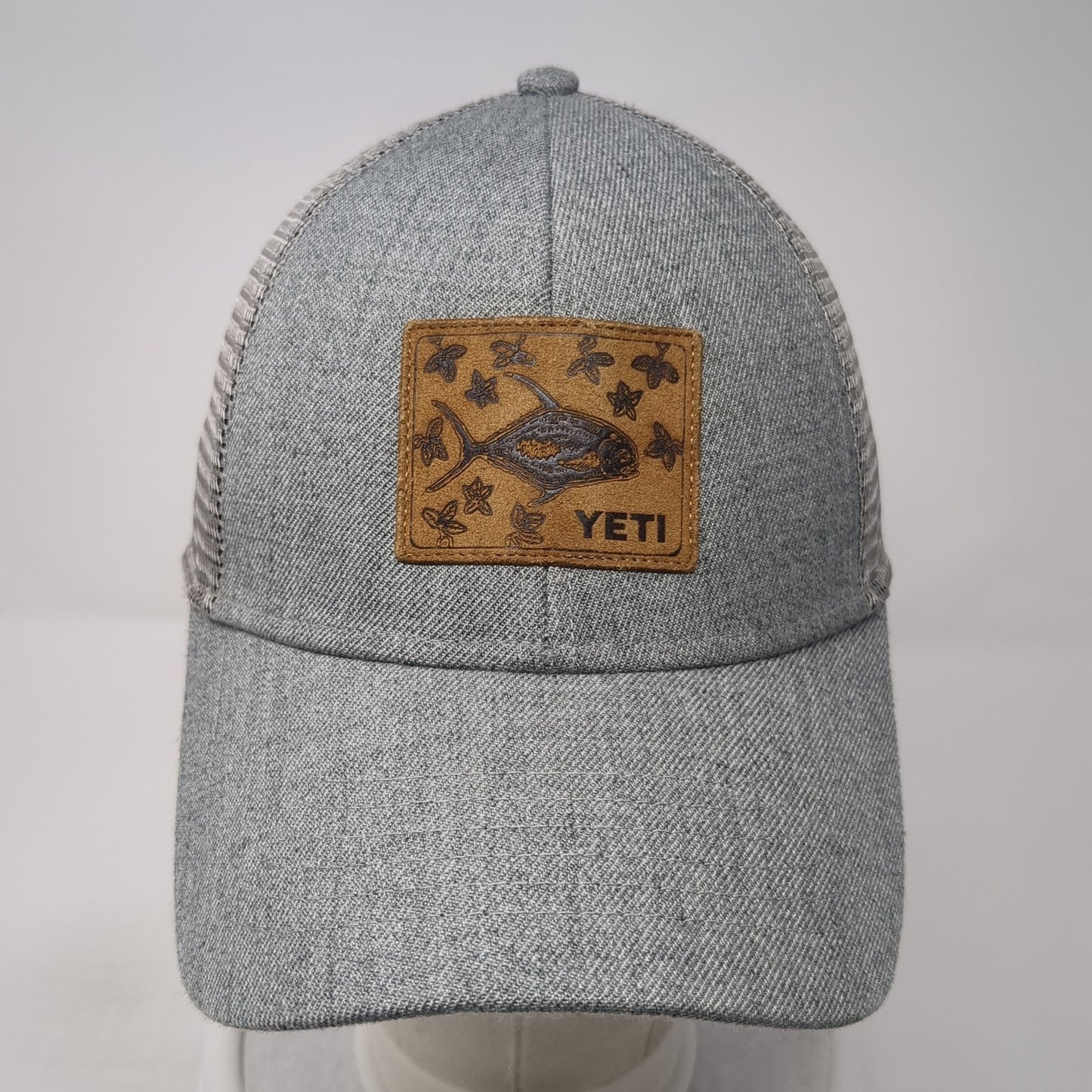 Yeti Fish Leather Patch Snapback Trucker Hat Gray One Size Mesh Back