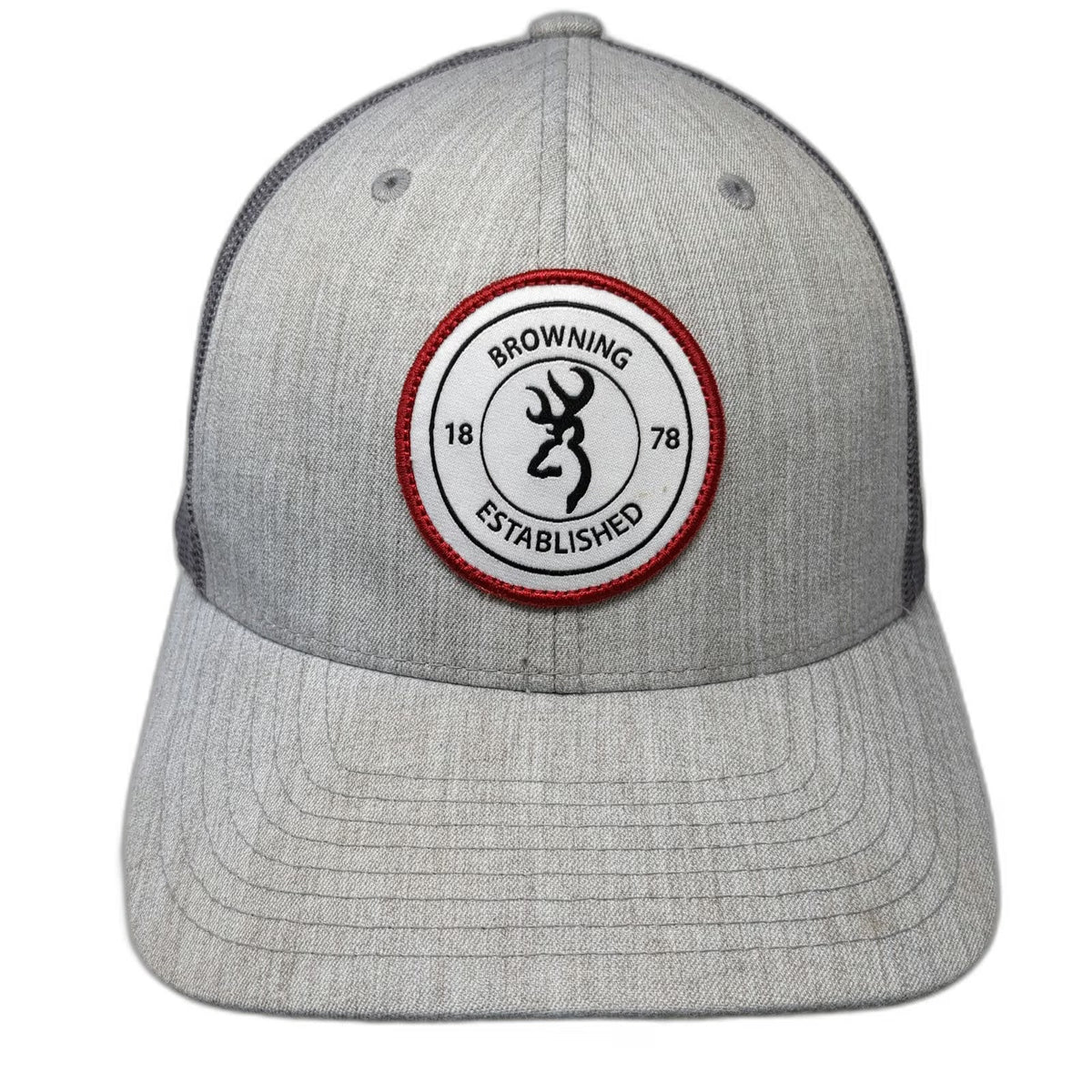 Browning Trucker Hat Gray One Size Mesh Snapback Buckmark Logo Patch Red Rim