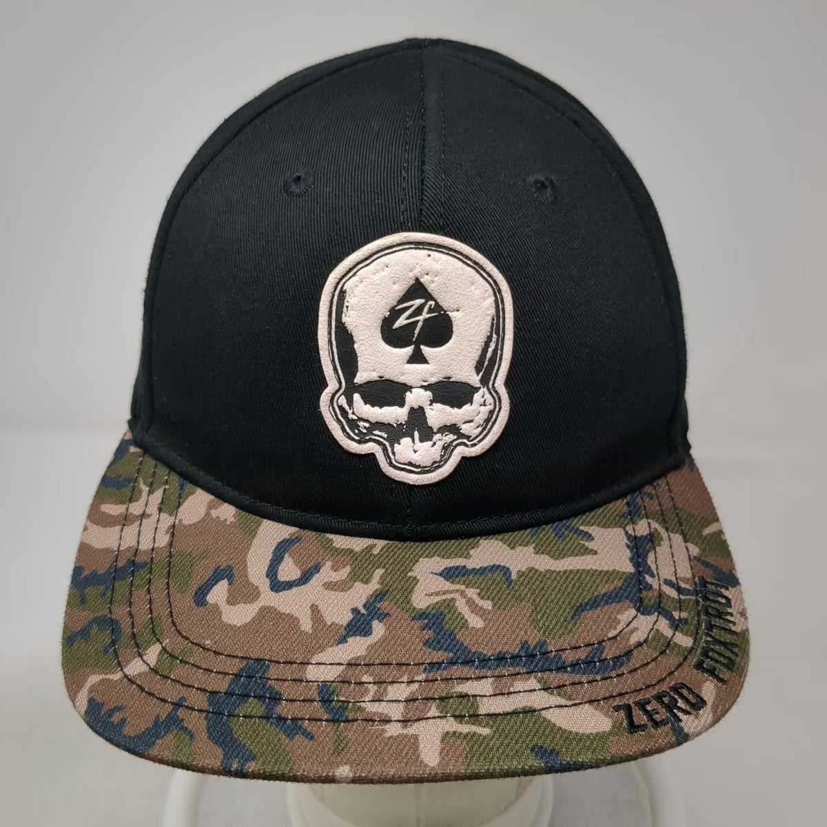 Zero Foxtrot Snapback Hat Black Camo One Size Skull Ace Patch Logo Brim Cotton