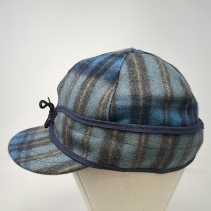 Stormy Kromer Baseball Cap Blue Plaid 7 1/8 Wool Ear Flaps USA Fitted Nylon Hat