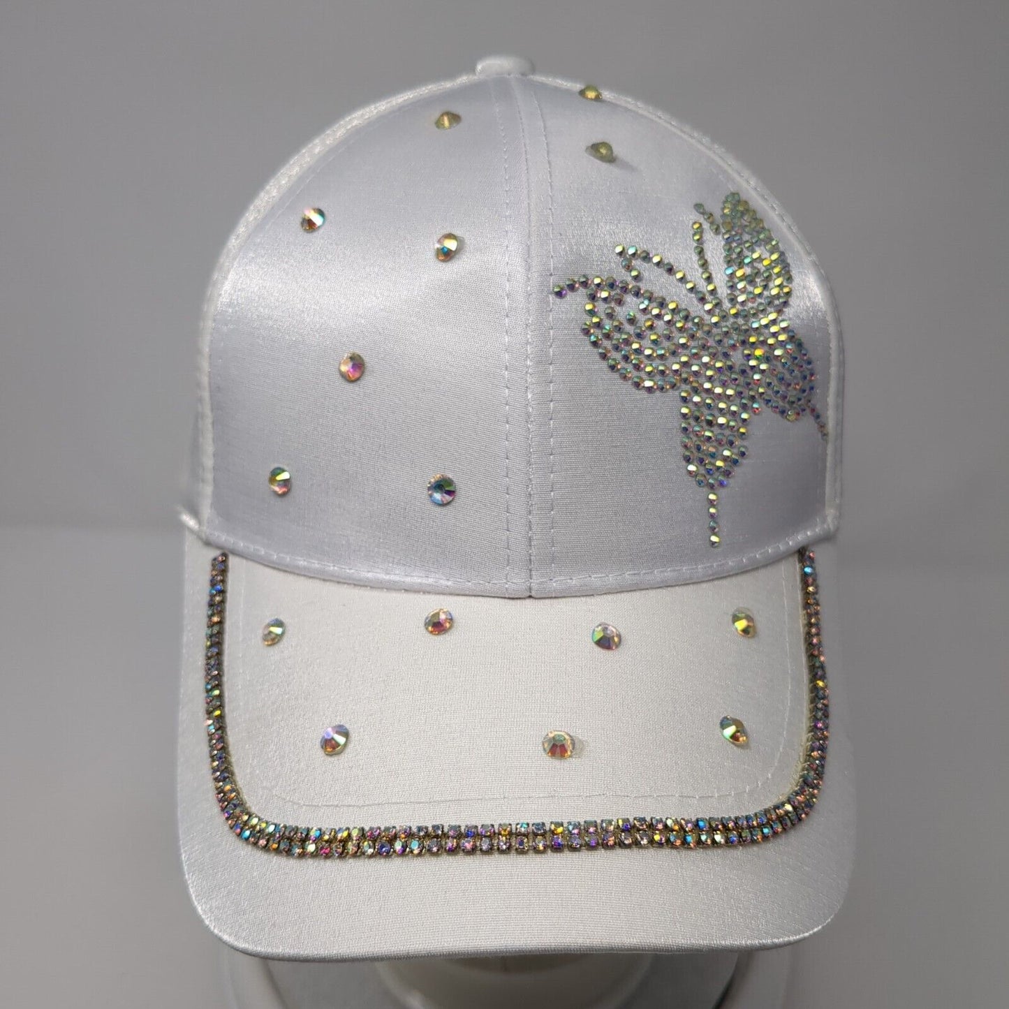 Rhinestone Butterfly Slideback Hat White OS Adjustable Embellished 6 Panel