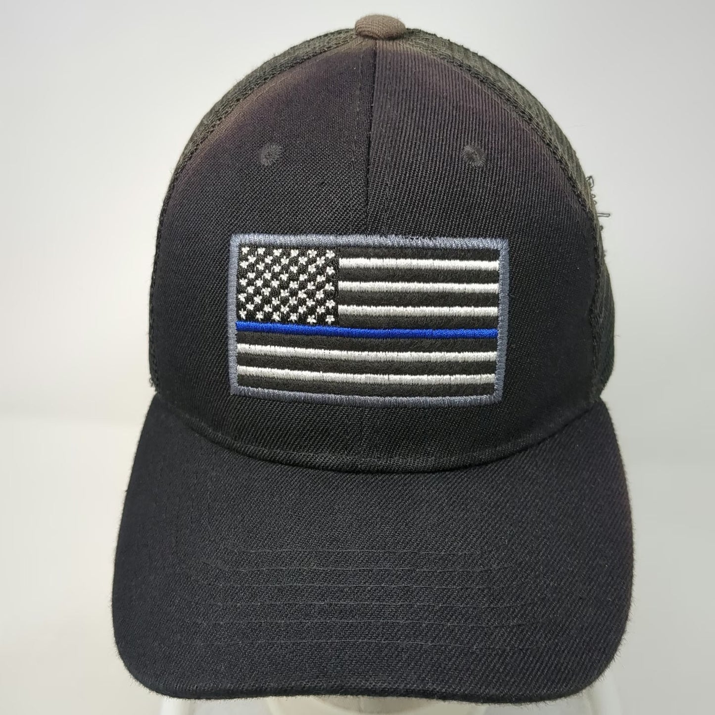Big Bear Trucker Hat Black One Size Thin Blue Line Flag Patch Mesh Snapback