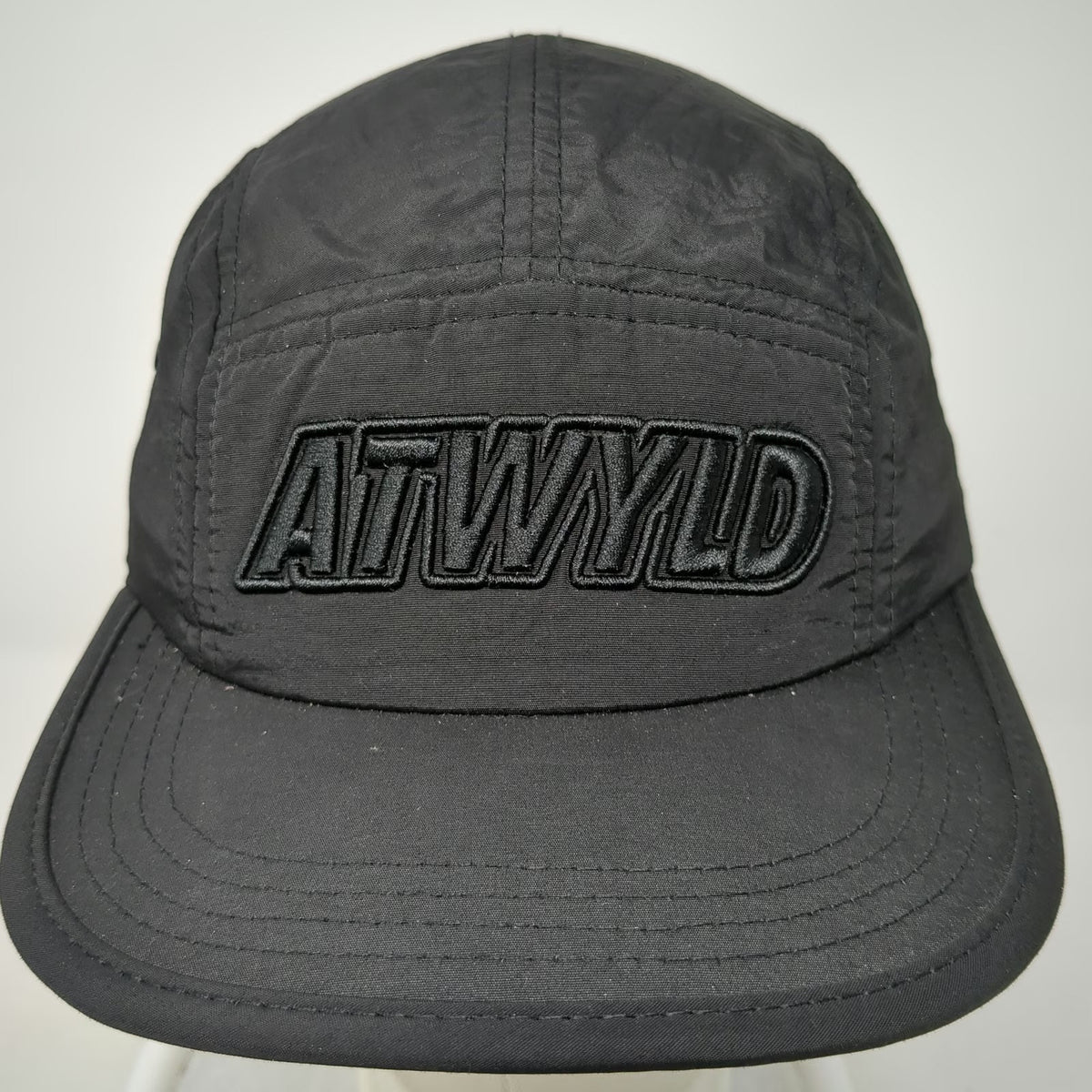 ATWYLD 5 Panel Hat Black One Size Flat Brim Slideback Tonal Logo Lightweight