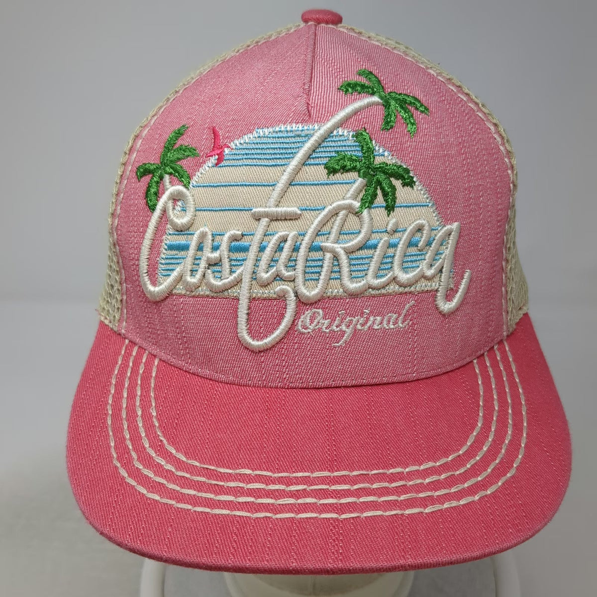Pura Vida Adventure Costa Rica Trucker Hat Pink OSFM Snapback Mesh Palm Trees