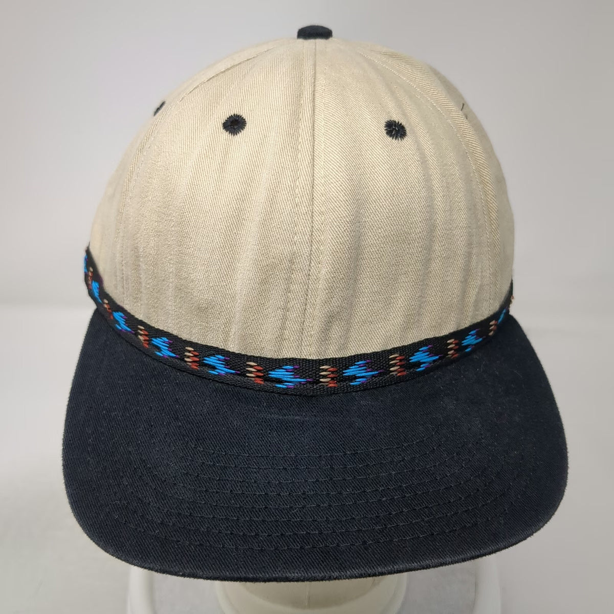 Baseball Cap Beige OS Aztec Woven Band Toggle Made USA Strapback Hat Vintage