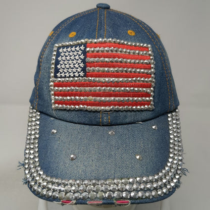 Blue Baseball Cap One Size Hat American Flag Studded Rhinestones Slideback Denim