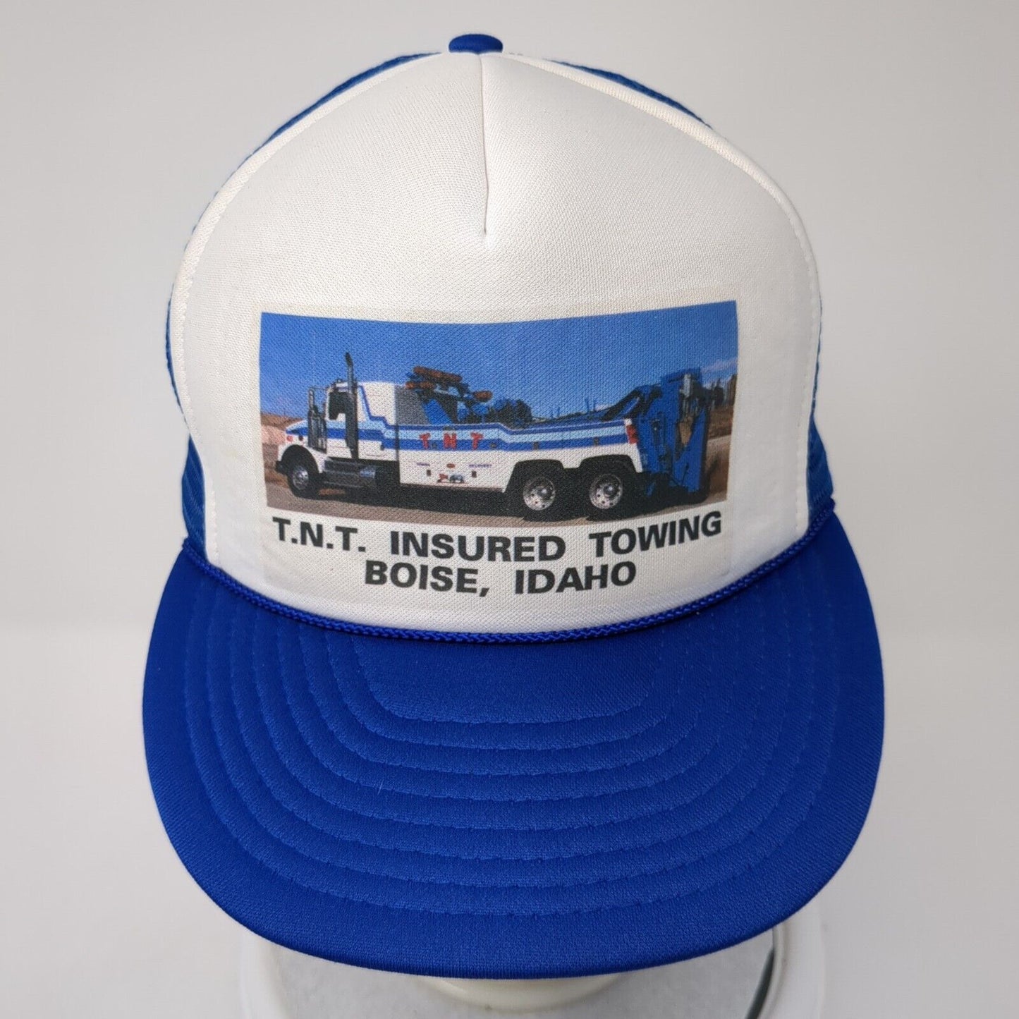 T.N.T. Insured Towing Boise Idaho Snapback Trucker Hat Blue OS Mesh Back Otto