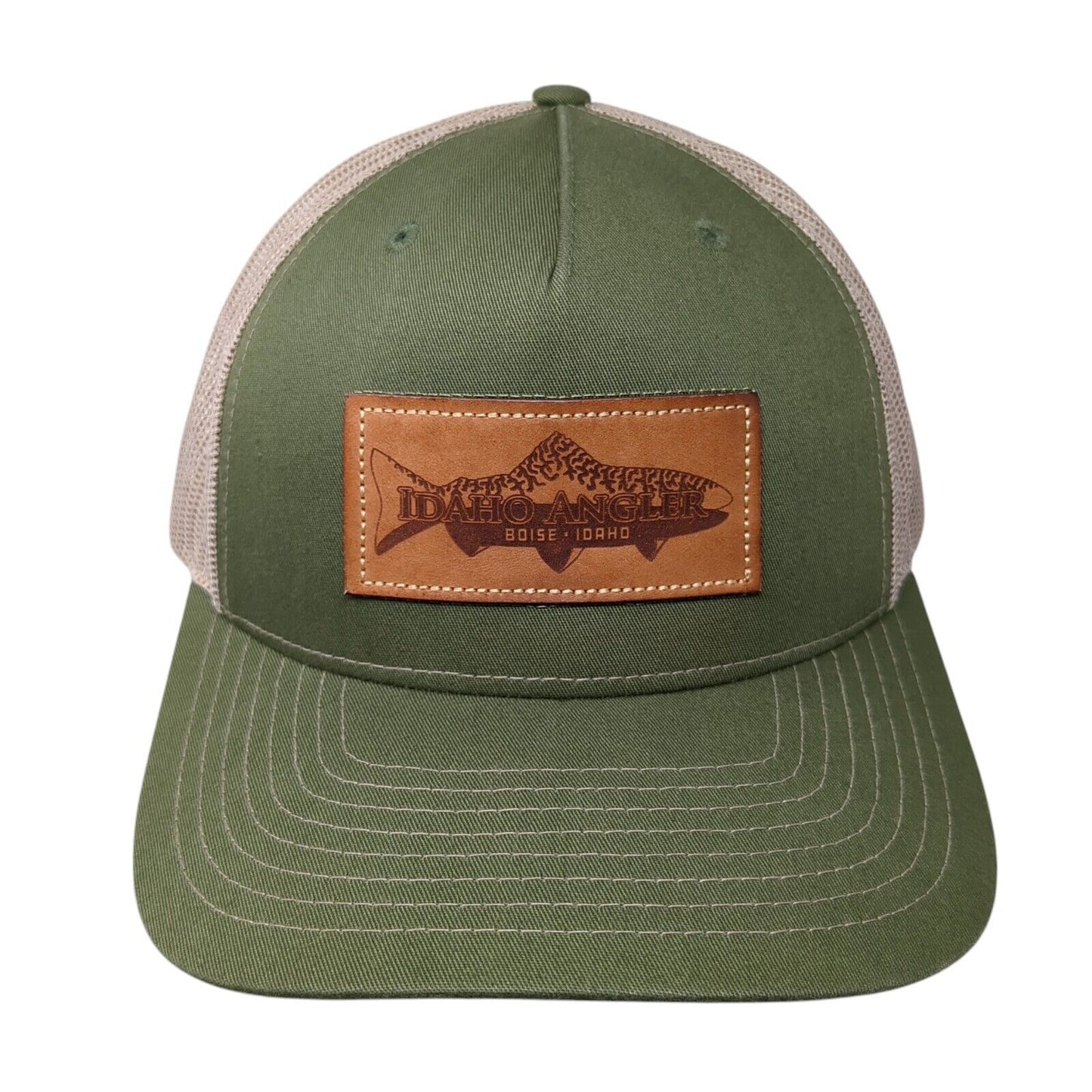 Idaho Angler Leather Patch Snapback Trucker Hat Green One Size Mesh Back