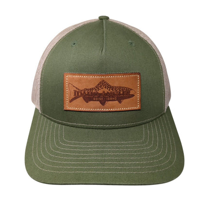 Idaho Angler Leather Patch Snapback Trucker Hat Green One Size Mesh Back