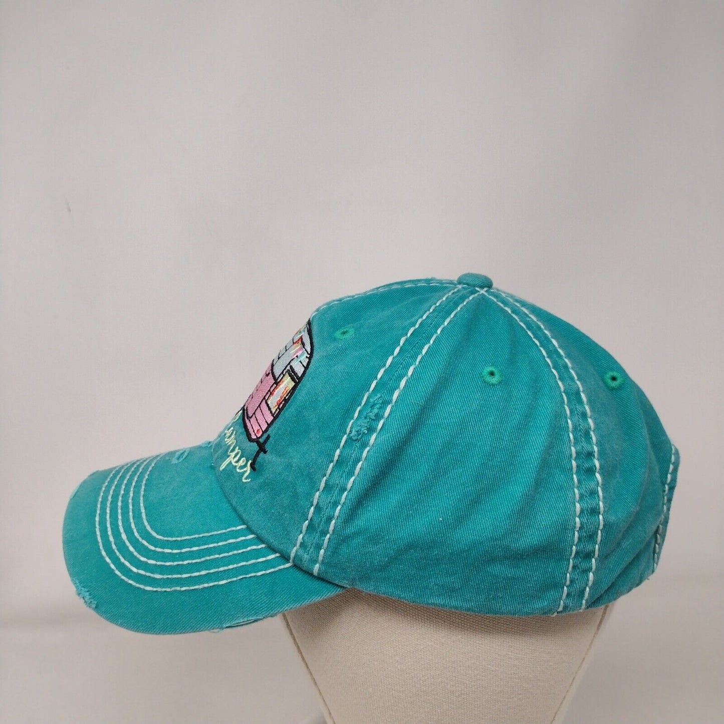 Happy Camper Slideback Hat Greenish-Blue One Size Adjustable Distressed Cotton