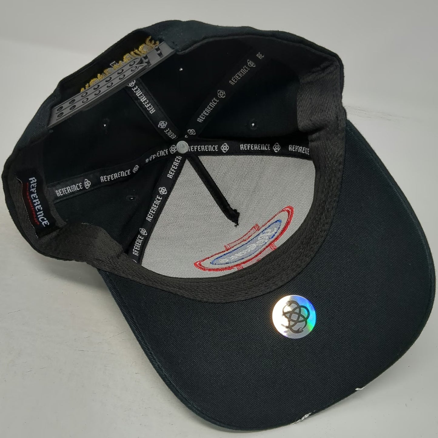 Reference 5 Panel Black Hat One Size Graphic Brim Snapback Script Embroidery