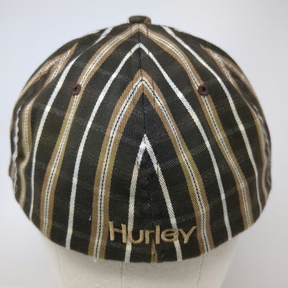 Hurley Baseball Cap Brown Gold White One Size Striped Flexfit Logo Fitted Hat