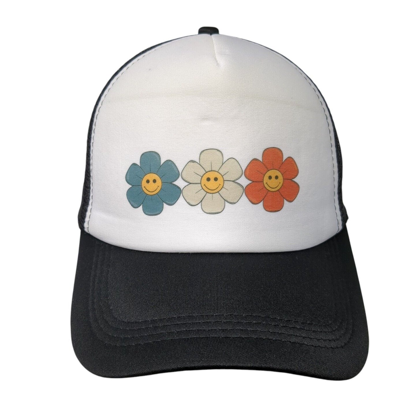 Smiley Flowers Snapback Trucker Hat Black OSFA Mesh Back Adjustable