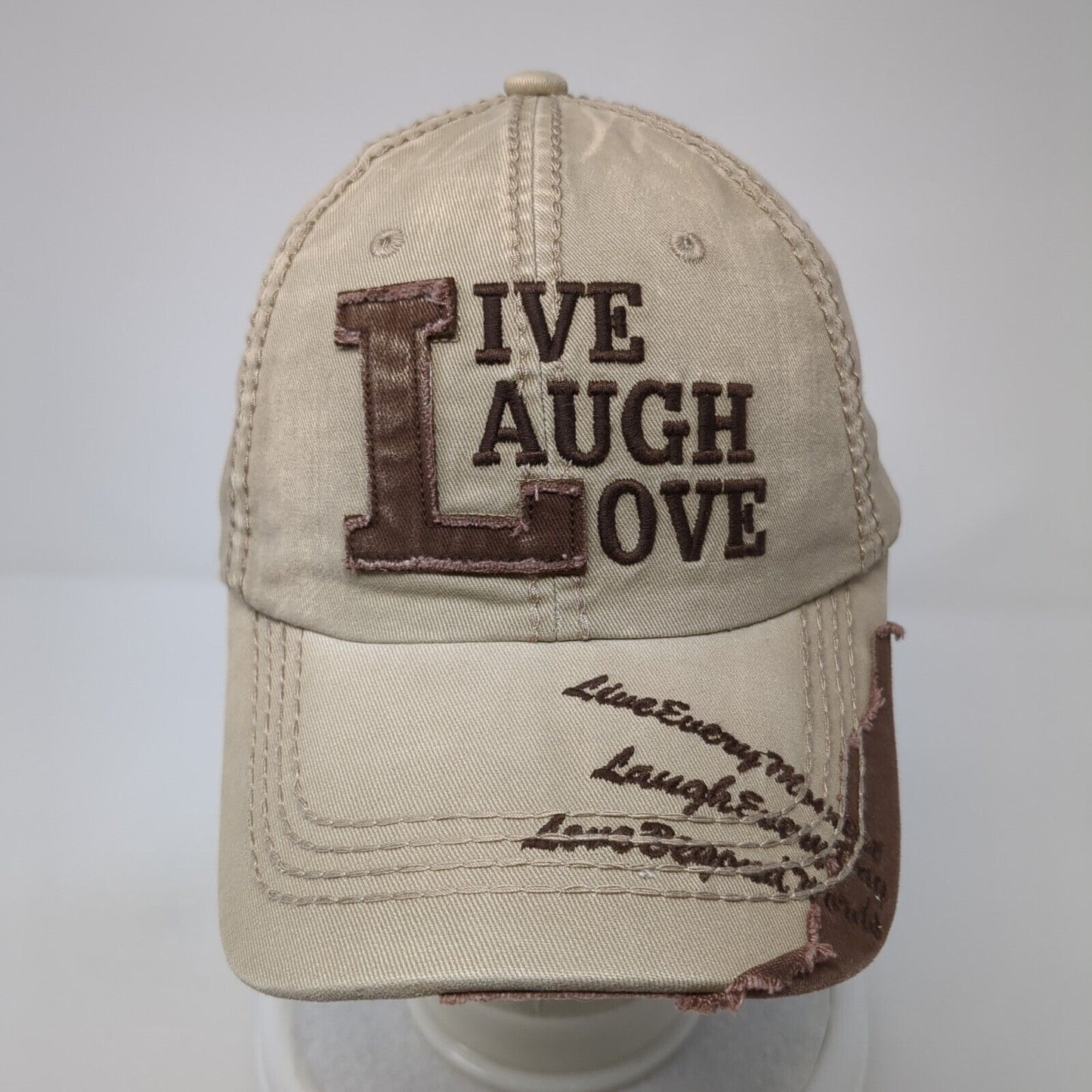 Live Laugh Love Slideback Hat Tan One Size Adjustable Embroidered KB ETHOS