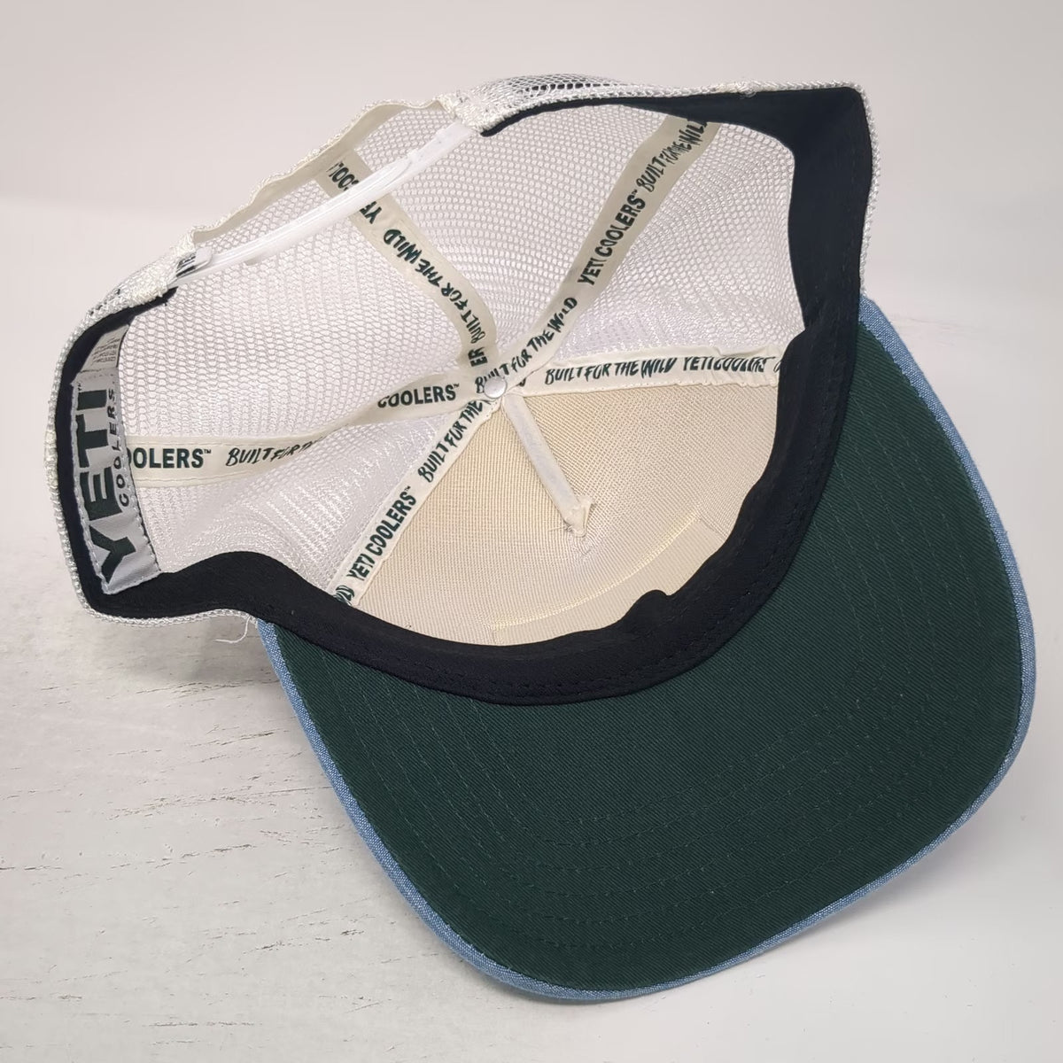 YETI Trucker Hat Blue One Size Built For The Wild Mesh Snapback Patch Green Brim