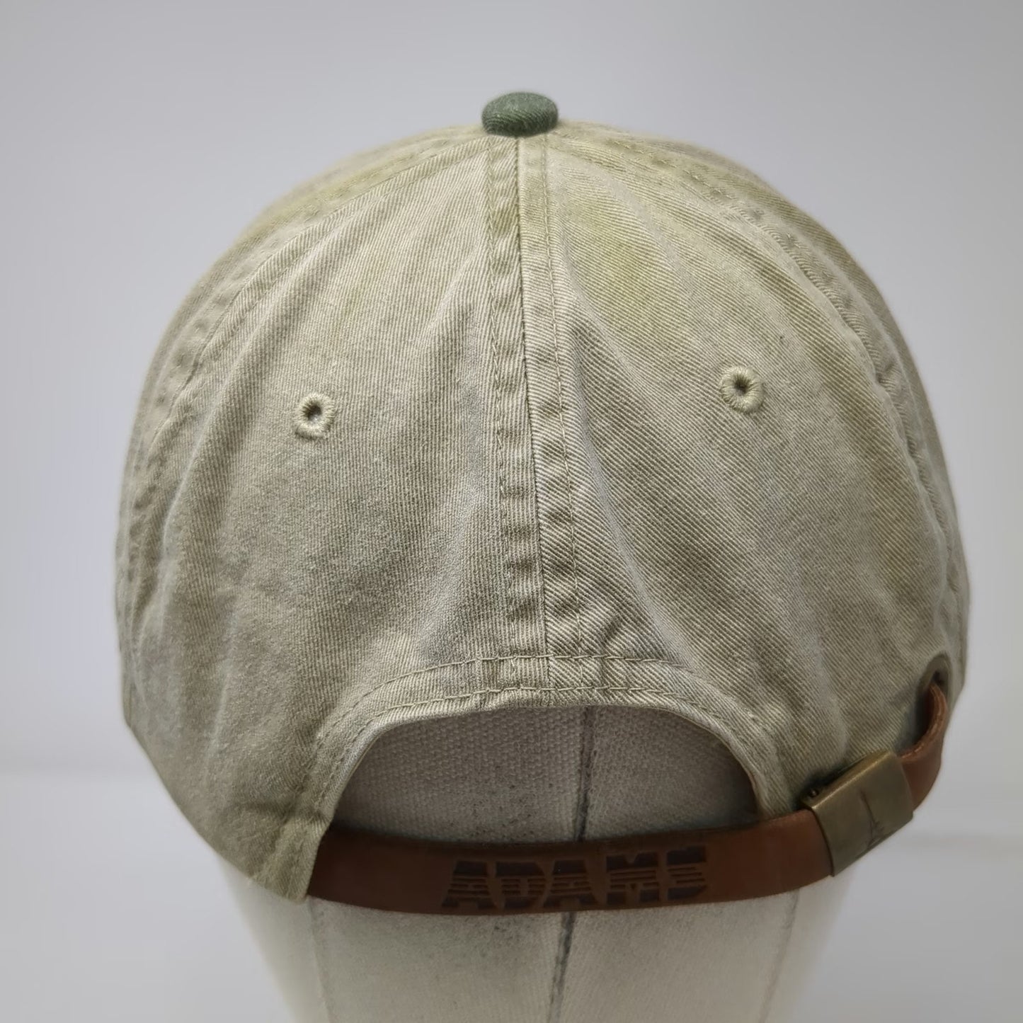 Adams Baseball Cap Beige Green Leather Strap Vermont Teddy Bear Hat Vintage