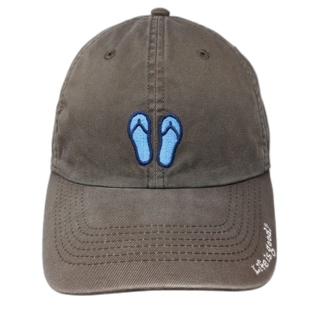 Life is Good Baseball Cap Brown One Size Slideback Flip Flops Cotton Hat Slogan