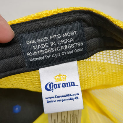Corona Trucker Hat Blue Yellow One Size Mesh Snapback Beach Sunset Palm Tree