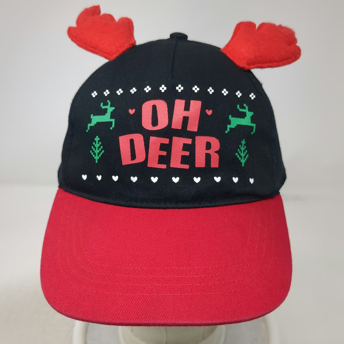 5 Panel Black Red Hat OSFM Oh Deer Reindeer Antlers Christmas Holiday Graphic