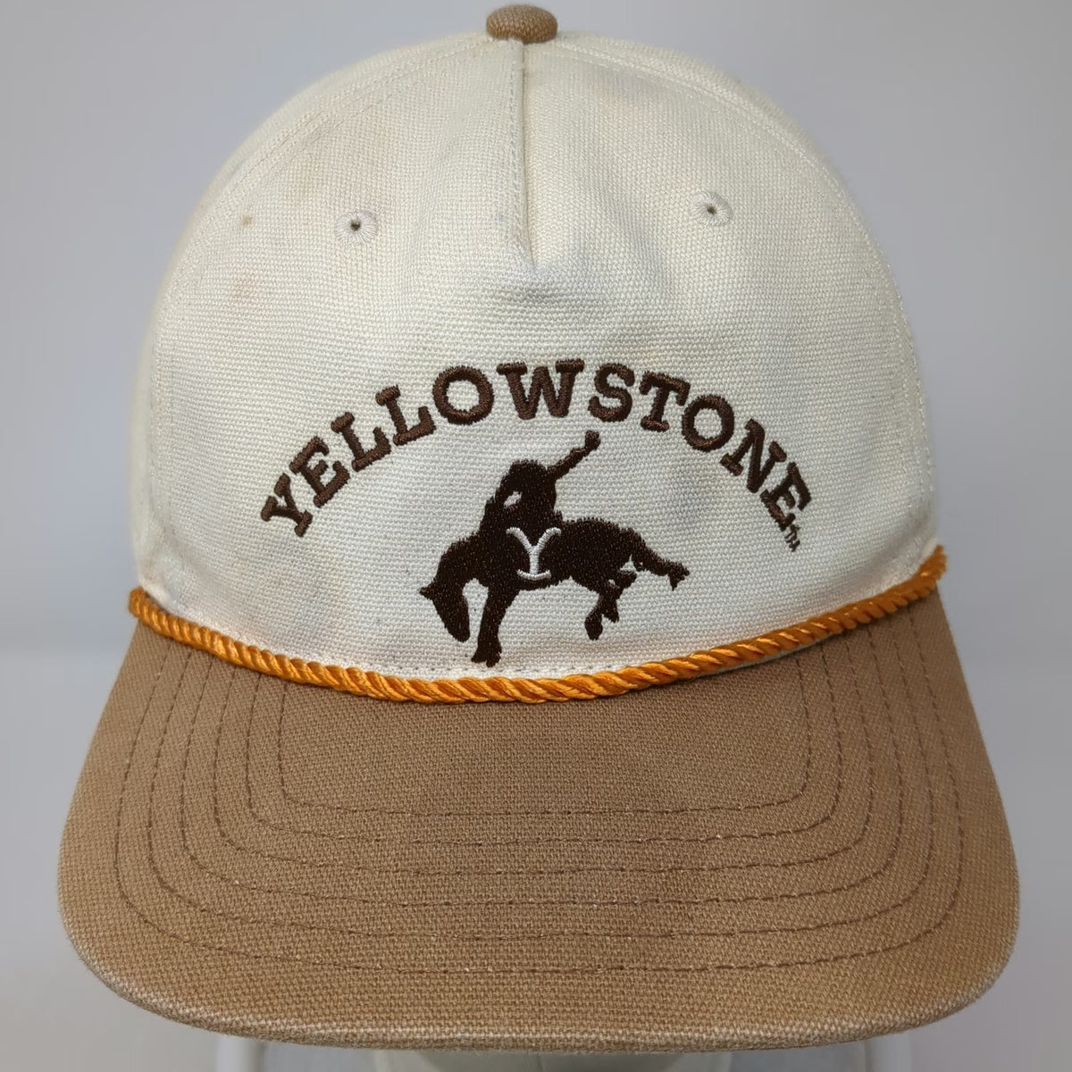 Yellowstone 5 Panel Hat Beige Brown One Size Snapback Braided Rope Cowboy Logo